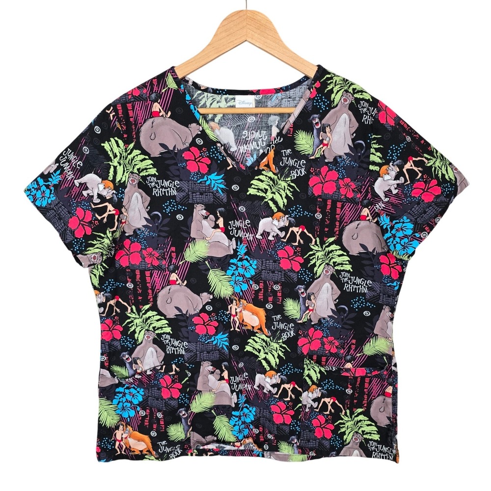 Disney The Jungle Book Women's All Over Print Cotton V-Neck Scrub Top L